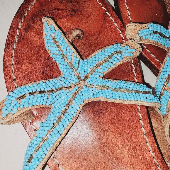 MYSTIQUE Sz 9 Teal Beaded Starfish Beach Resort Kuwai Leather Handmade Sandals - Picture 8 of 14